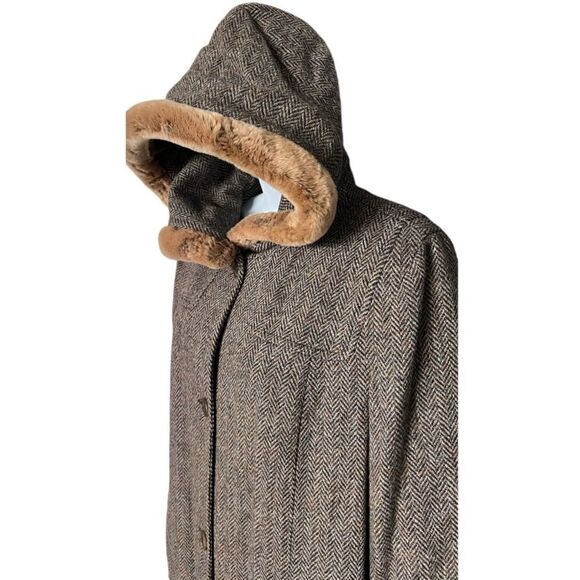 COLE HAAN Country Elegant Hooded Coat Brown Grey Color Button Down Size M - Picture 3 of 8